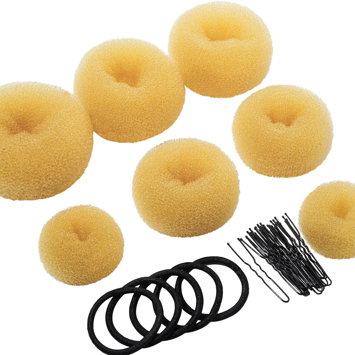 Teenitor Hair Bun Maker Set, 7 Pieces Bun Donuts for Hair(1 Extra-Large, 2 Large, 2 Medium, 2 Small), 5 Elastic Bands, 20 Hair Pins, Gold