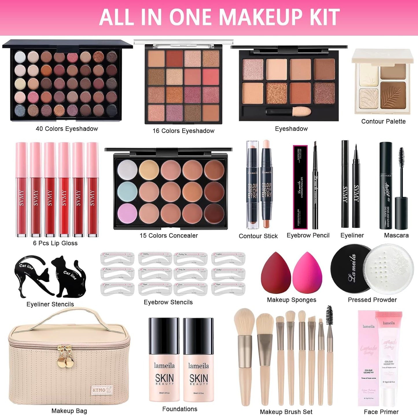 All in One Makeup Kit for Women Full Kit, Makeup Gift Sets for Women Teens Girls, Makeup Essential Bundle Includes Eyeshadow Palette Foundation Eyeliner Contour Stick Lip Gloss Cosmetic Brush Set