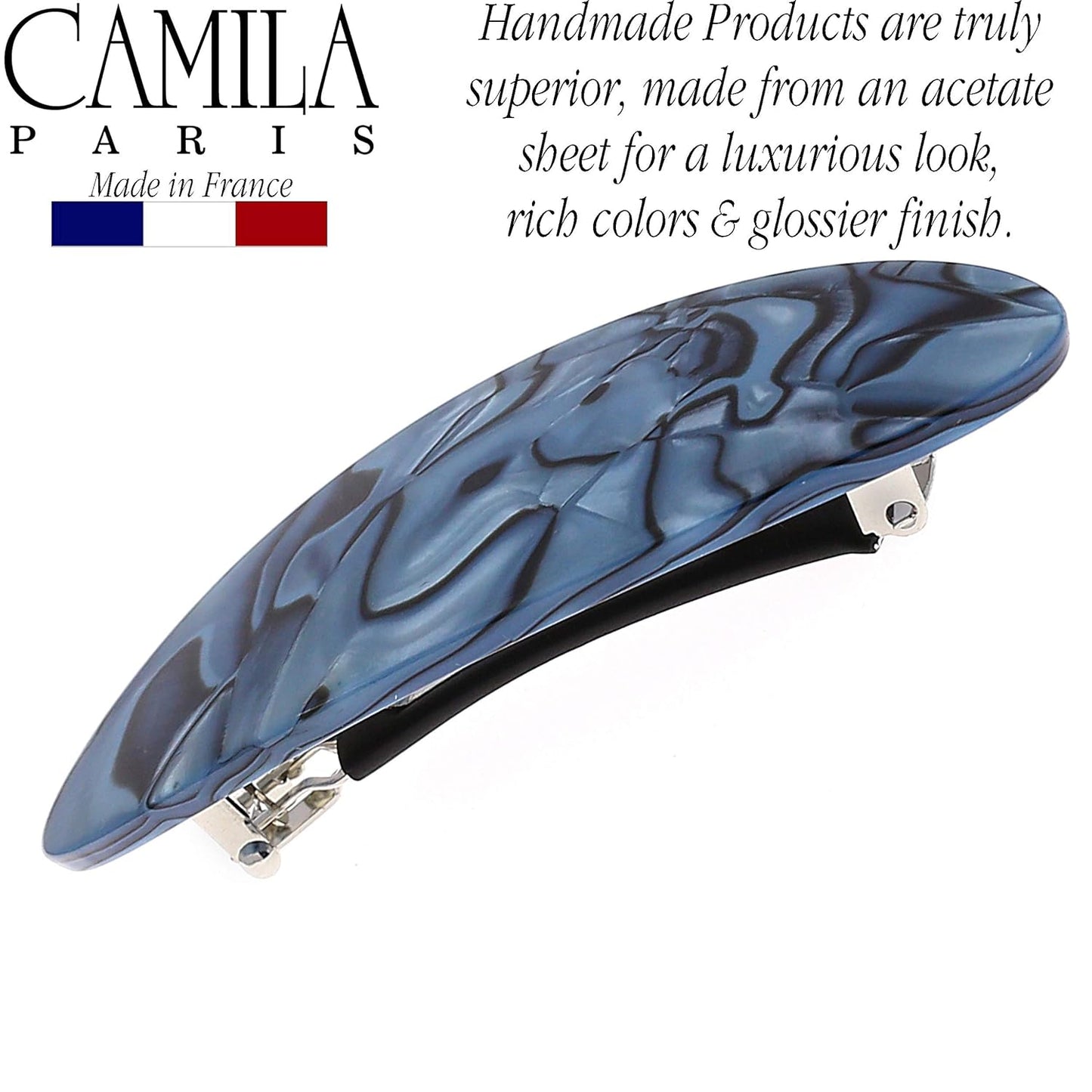 Camila Paris CP2984 French Hair Barrette Clip Handmade Oval Blue, Strong Hold Grip Hair Clips for Women, No Slip Rubberized Metal Closure, Durable Styling Girls Hair Accessories, Made in France