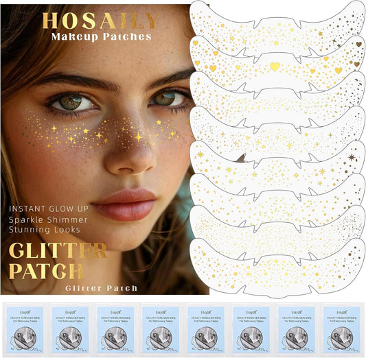 8 pcs Gold Glitter Freckles Face Tattoo, Waterproof Sparkle Face Glitter Speckles Patches for Women, Cute Star Glow up Glitter Temporary Tattoo Makeup Accessories for Festival Rave