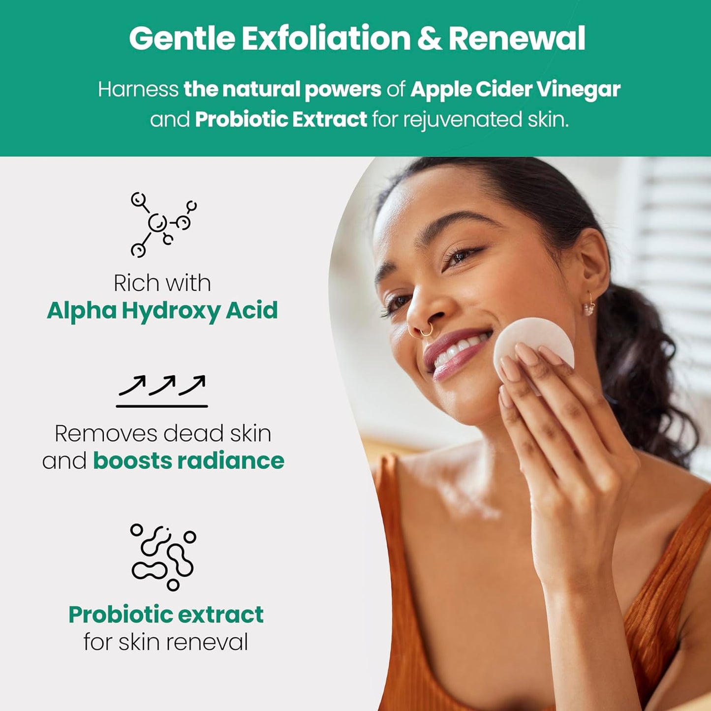 Apple Cider Vinegar Face Toner Pads - Exfoliating & Hydrating Toner for All Skin Types, Probiotic Extract, Aloe, Green Tea - Pack of 2