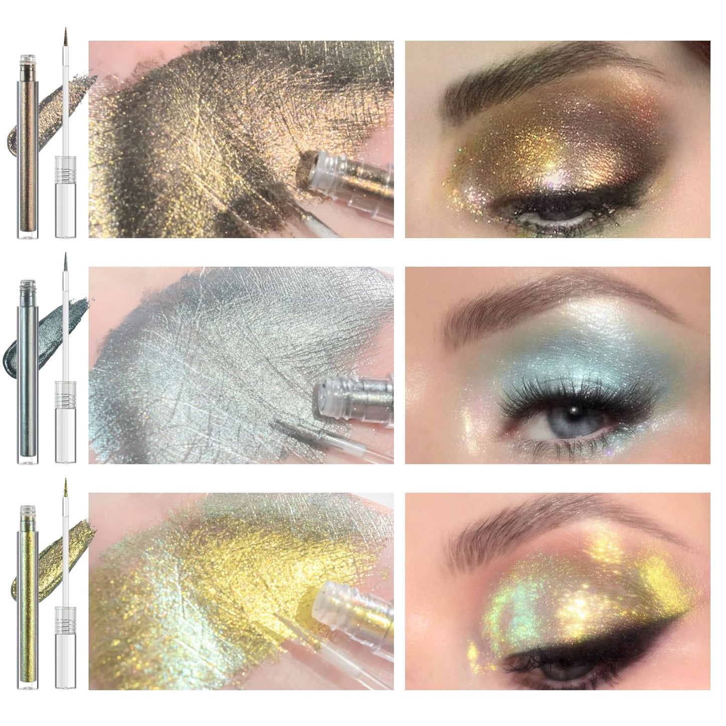 Multichrome Liquid Eyeshadow Set,3 Colors Multi-Dimensional Eye Liner Makeup,High Pigment Waterproof Metallic Eye Shadow,Ultre Fine Tip Glitter Eyeshadow (07 bronzer+08 armor+09 gold)