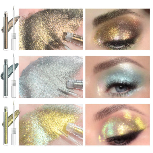 Multichrome Liquid Eyeshadow Set,3 Colors Multi-Dimensional Eye Liner Makeup,High Pigment Waterproof Metallic Eye Shadow,Ultre Fine Tip Glitter Eyeshadow (07 bronzer+08 armor+09 gold)