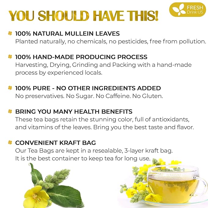 FreshDrinkUS, Premium 25 Mullein Leaf Tea For Lungs, Lung Detox Tea, Great Tea For Lung, Handmade, 100% Natural & Pure, Mullein Tea, Lung Detox For Smokers, No Sugar, No Caffeine, No Gluten, Vegan
