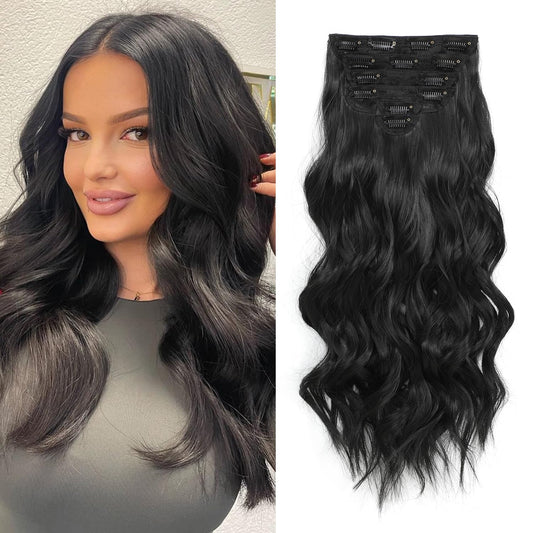 synthetic Clip in Black Hair Extensions for Women, 6 PCS Natural Black Hair Extensions, Thick Hairpieces Double Weft Wavy Hairpieces, Soft Hair & Blends Well (20inch, 6pcs, Natural Black)