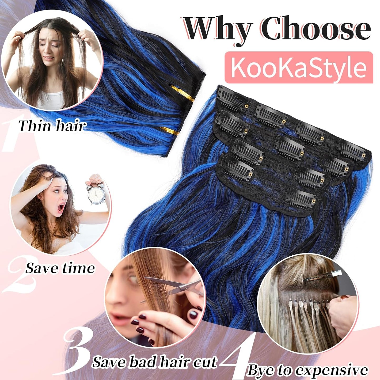 KooKaStyle Clip in Long Wavy Synthetic Hair Extension 20 Inch Blue - Black Streak 4PCS Thick Hairpieces Fiber Double Weft Hair for Women