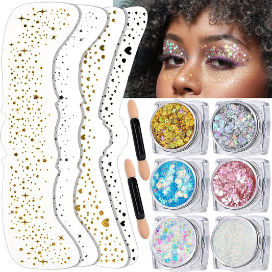 FANDAMEI 6 Colors Face Glitter Gel+ 4PCS Glitter Freckles. Body Hair Face Speckles, Makeup Patches.