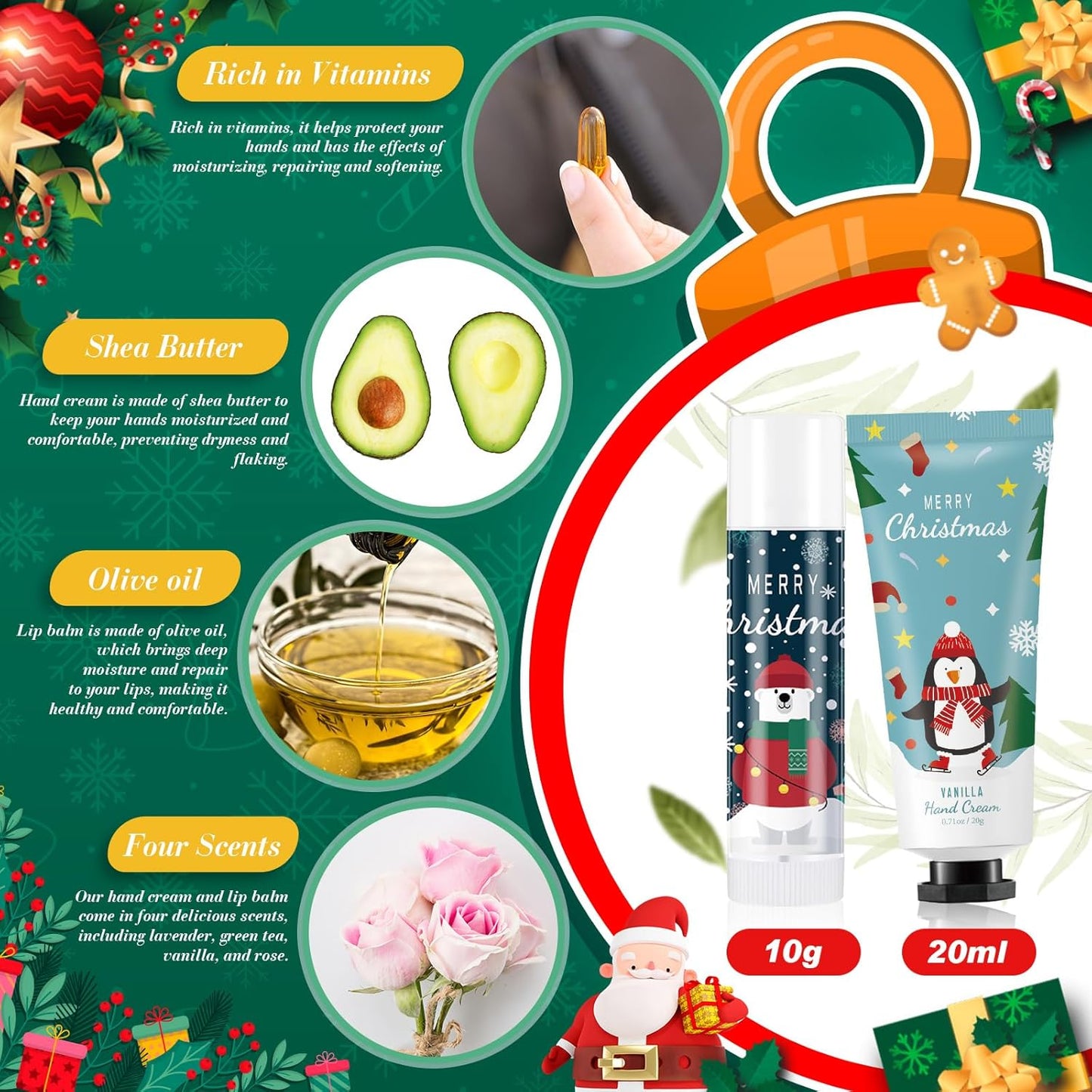 24 Set Christmas Hand Cream Gift Set, Including Moisturizing Christmas Hand Lotion, Xmas Lip Balm, Gauze Bags, Thank You Cards Natural Fragrant Xmas Cream with Lip Balm Gifts