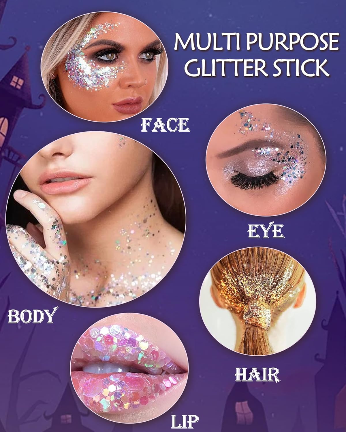Body Glitter Stick, Waterproof Long Lasting Sparkling Face Shimmer Makeup, Singer Concerts Disco Music Halloween Festival Rave Accessories, Holographic Chunky Sequins Hair Stick,Gift for Women girl-01