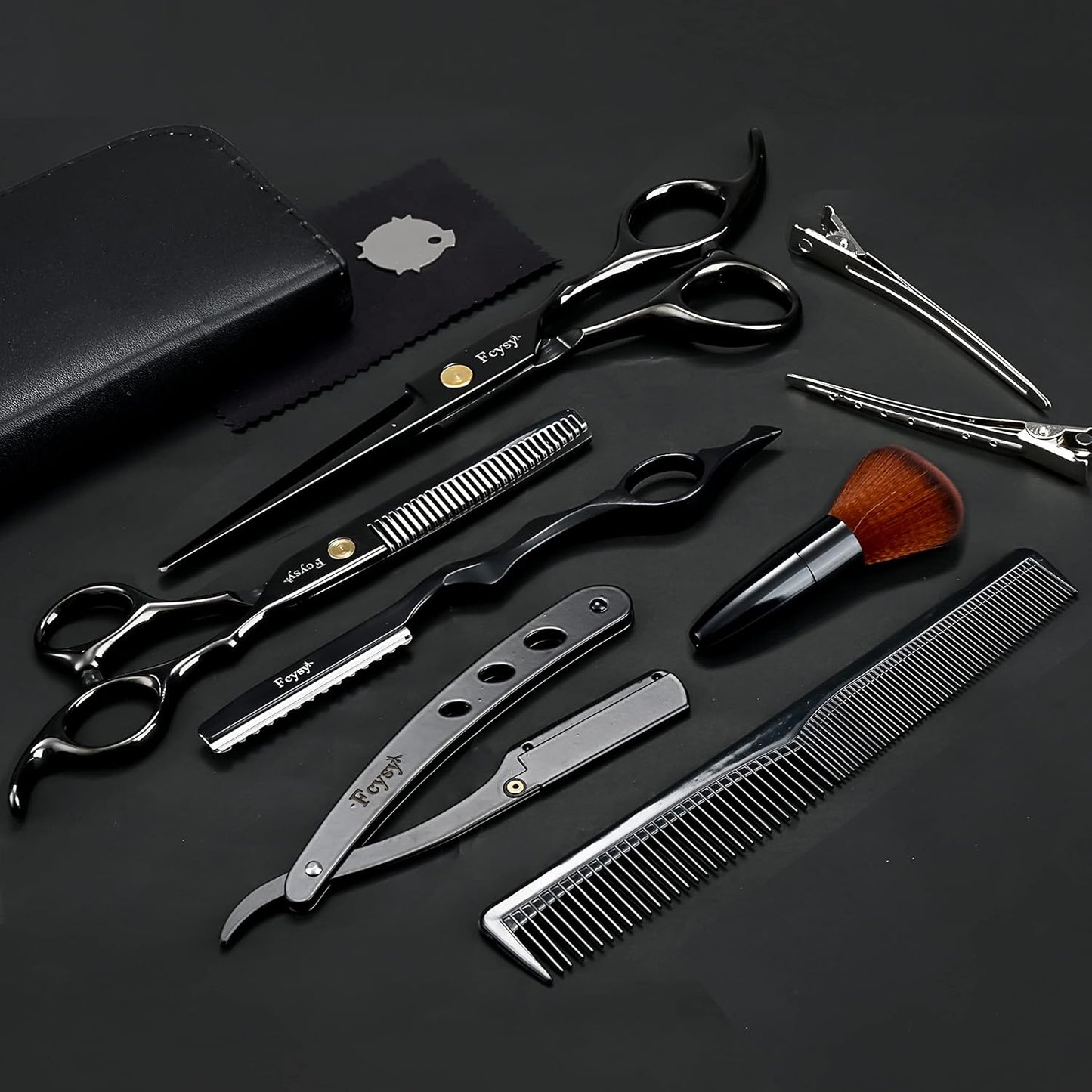 Hair Cutting Scissors Thinning Shears Kit for Haircutting, Fcysy Professional Barber Scissors Set, Black Haircut Scissor Blending Shears Straight Edge Razor Barber Supplies for Men Women