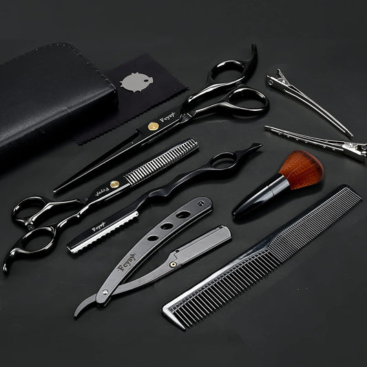 Hair Cutting Scissors Thinning Shears Kit for Haircutting, Fcysy Professional Barber Scissors Set, Black Haircut Scissor Blending Shears Straight Edge Razor Barber Supplies for Men Women