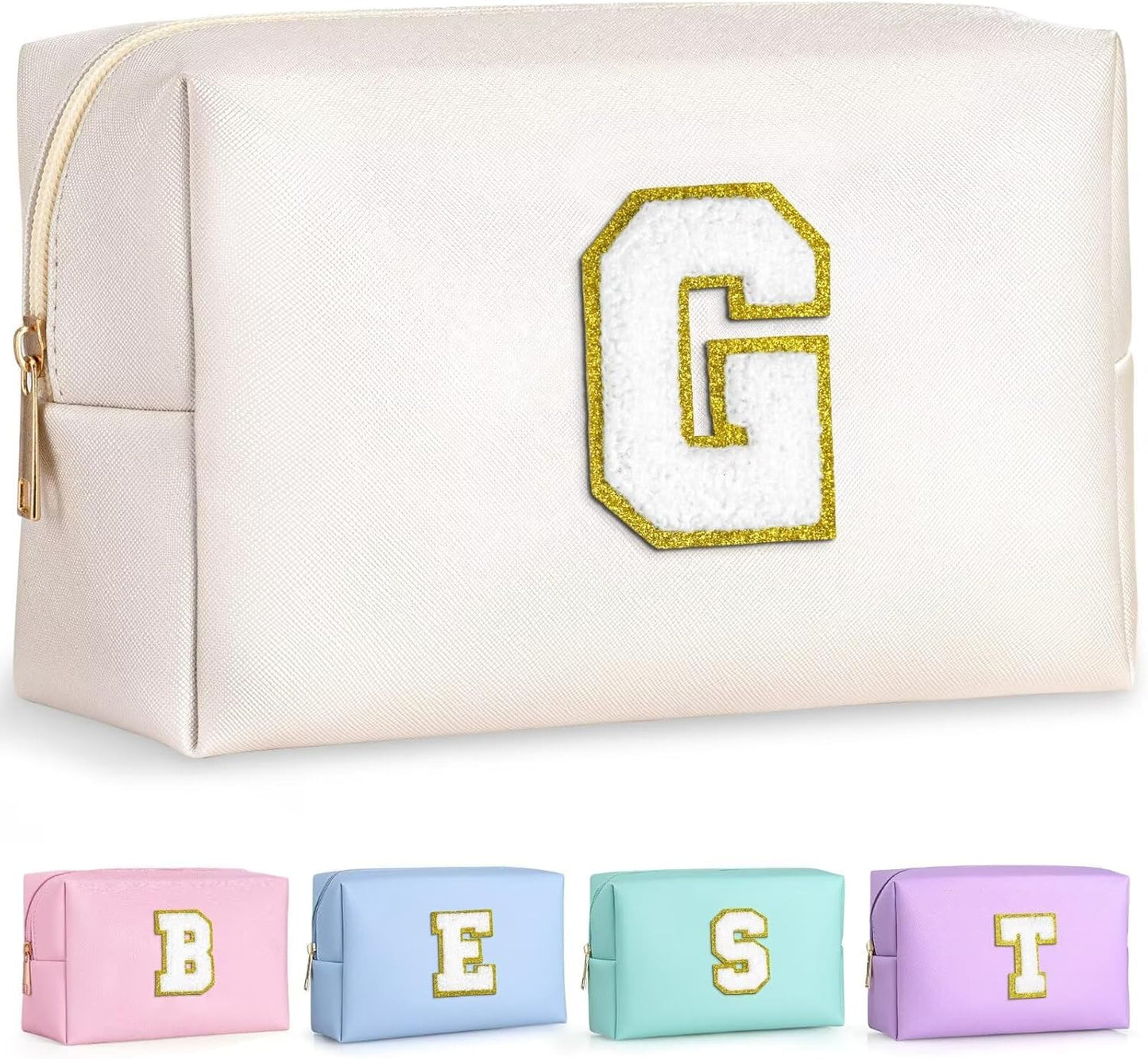 TOPEAST Travel Makeup Bag, Personalized Initial Toiletry Bag w Zipper, Cute Makeup Pouch, PU Leather Waterproof Cosmetic Bag, Birthday Gift for Daughter, Preppy Things for Girls (White G)