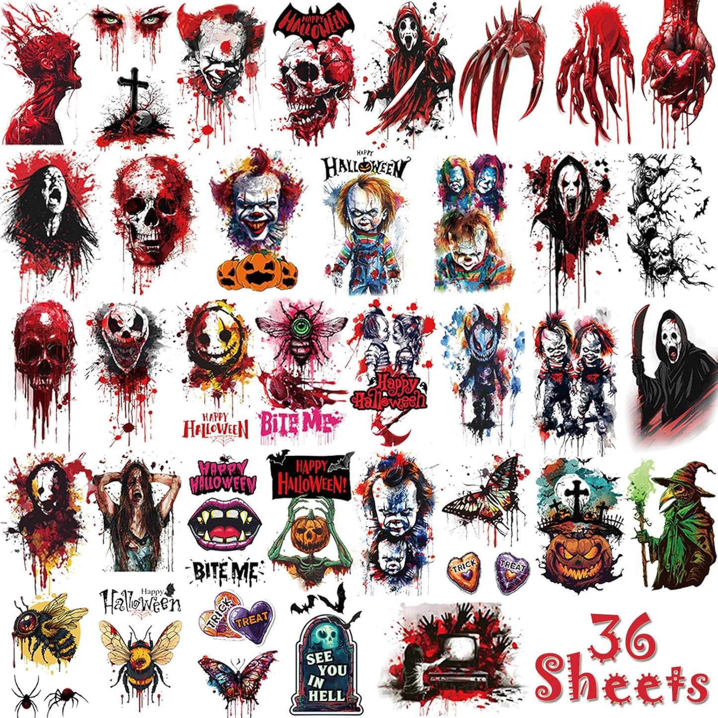Halloween Temporary Tattoos, 36 Sheets Large Realistic Tattoos for Kids & Adults, Party Decoration Tattoos