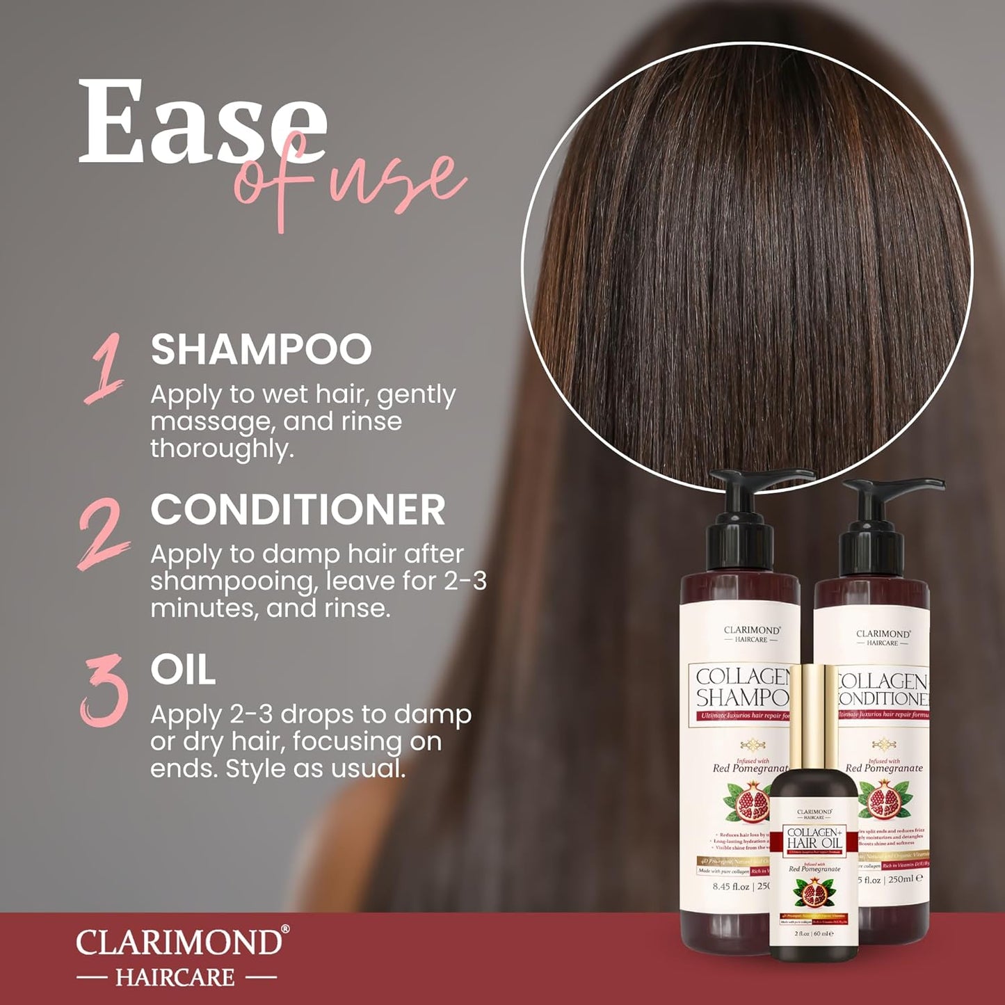 CLARIMOND Collagen Booster Complete Hair Loss Treatment - Shampoo, Conditioner & Hair Oil | UV Protection | Keratin & Vit. D/E/B5/B6 | Protect Hair Color-Treated, Frizz Control | For Sensitive Hair