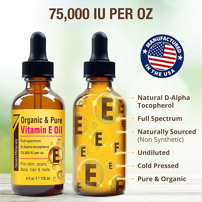 Seven Minerals Ultra Pure Vitamin E Oil - 300,000 IU Full-Spectrum D-Alpha Tocopherol per 4 Oz Bottle - 100% Organic Vitamin E Oil for Skin, Face, Hair, and Scars - Naturally Occurring = Not Synthetic