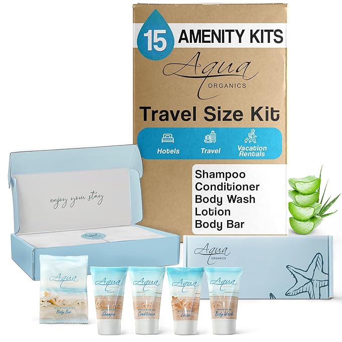 1-Shoppe Aqua Organics Amenity Kit | Boxed Hotel Toiletries Bulk Set | 1 oz Shampoo, Conditioner, Lotion, Body Wash & Bar Soap | 75 Sets per Case