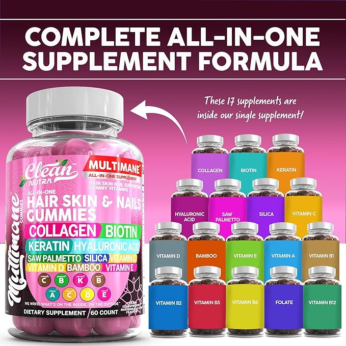 Multimane Collagen Gummies with Biotin Keratin Hyaluronic Acid Bamboo Vitamin A C Vitamin D Vitamin E Folate Saw Palmetto Silica B3 Vitamins Hair Skin and Nails Gummies by Clean Nutra
