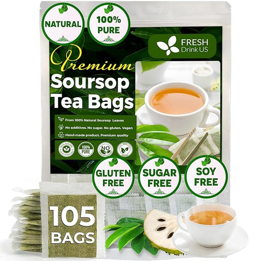 FreshDrinkUS, 105 Premium Soursop Graviola Leaf Tea Bags, The Finest Soursop Tea, 100% Natural and Pure, Handmade, Made With Natural Materials-Corn Fiber Tea Bag, Sugar/ Caffeine/ Gluten Free, Hoja Guanabana Tea