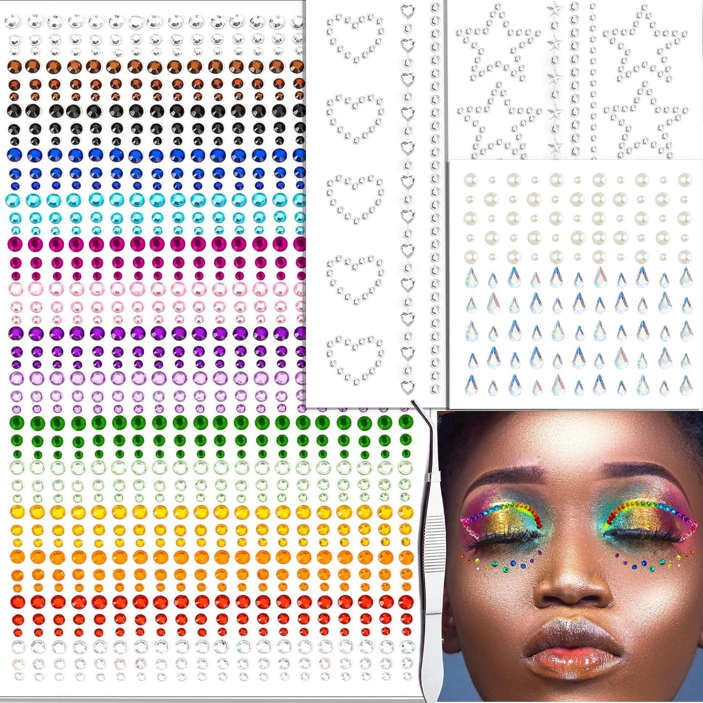 1038 Pcs of Hair Face Gems Rhinestones Pearls Stick on 15 Colors Hearts Star Gems Stickers Self Adhesive Face Hair Jewels, Stick on Rhinestones Pearls Stickers for Hair, Face, Festival Makeup, Crafts