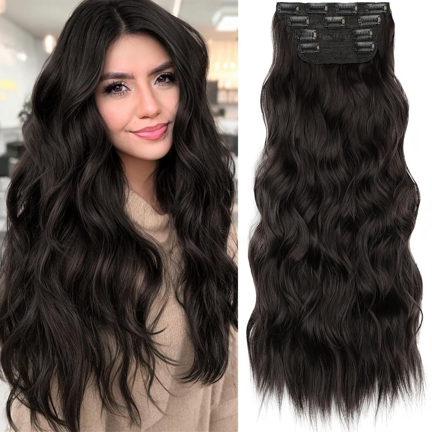 KooKaStyle Clip in Synthetic Hair Extensions Long Wavy 4PCS Thick Hairpieces Dark Brown 6# Fiber Double Weft Natural Hair Extensions 24 Inch for Women