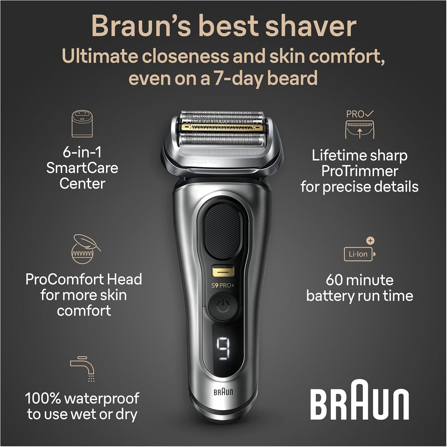 Braun Series 9 PRO+ Electric Razor for Men, 5 Pro Shaving Elements and Shave-Preparing ProComfort Head for Closeness & Skin Comfort, 6in1 SmartCare Center, Wet or Dry Use, Charging Stand, 9597cc