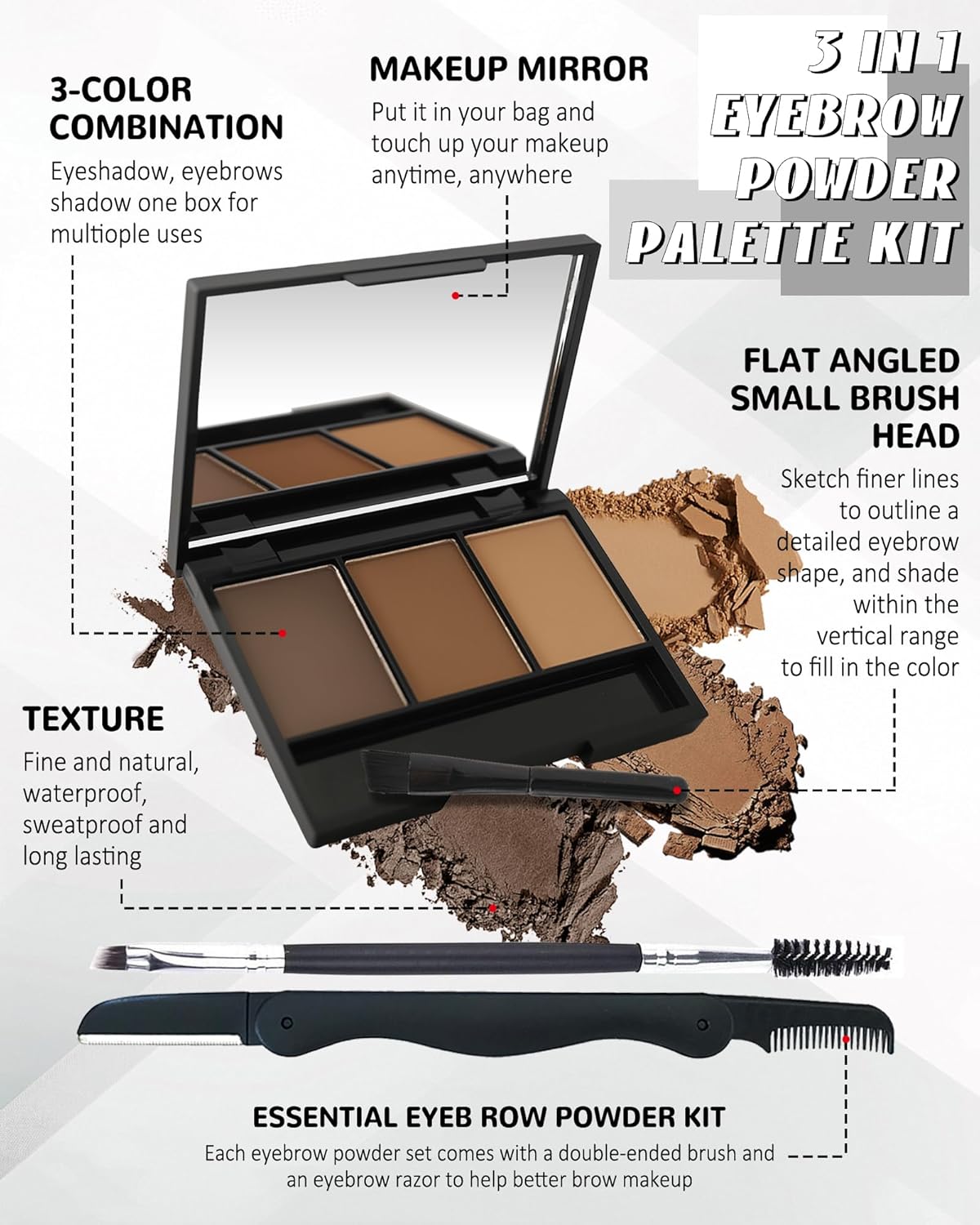 Eyebrow Powder Kit,3 Color Dark Brown Grey Light Auburn Eye Brow Powder Palette with Razor Brush,Long Lasting Waterproof Brow Filler Fill Sculpt Full Eyebrows,Thanksgiving Makeup Gift Set for Women-02