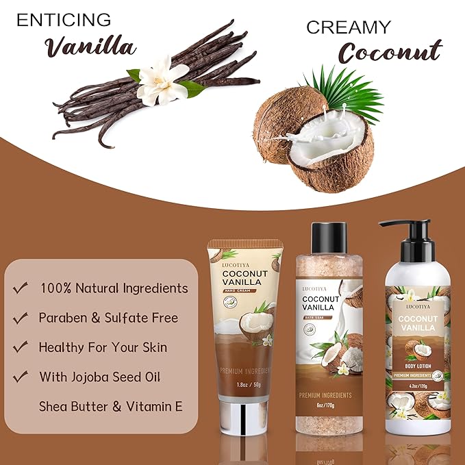 Gifts for Women, Birthday Gifts for Women, Bath and Body Gifts Set, Vanilla Coconut Spa Gift for Self Care,Thank you Relaxing Bath Sets for Mom, Grandma, Girlfriend, Sister, Friends