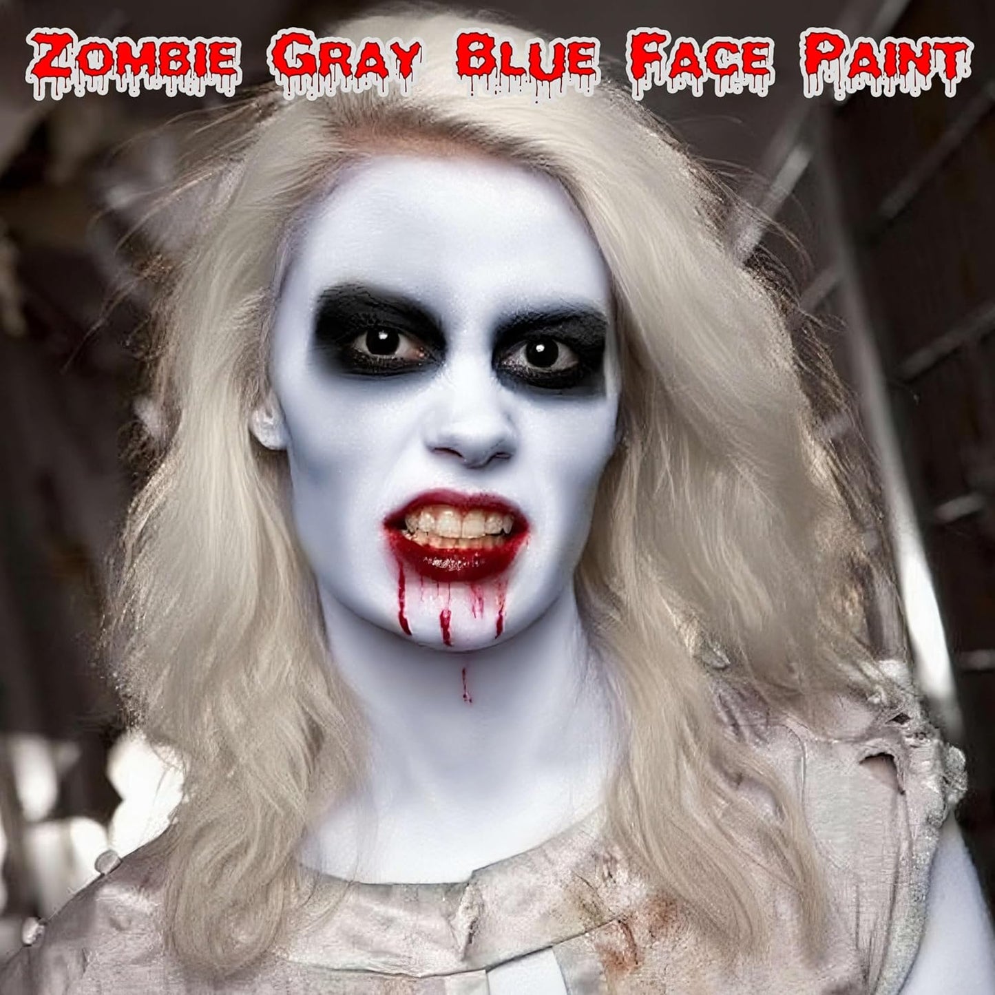 Halloween Zombie Makeup Kit,1.01oz Zombie Grey Blue Face Body Paint and 30ml Washable Dripping Fake Blood with sponge,Light Gray Face Painting SFX Cream Makeup with Stage Blood for Vampires