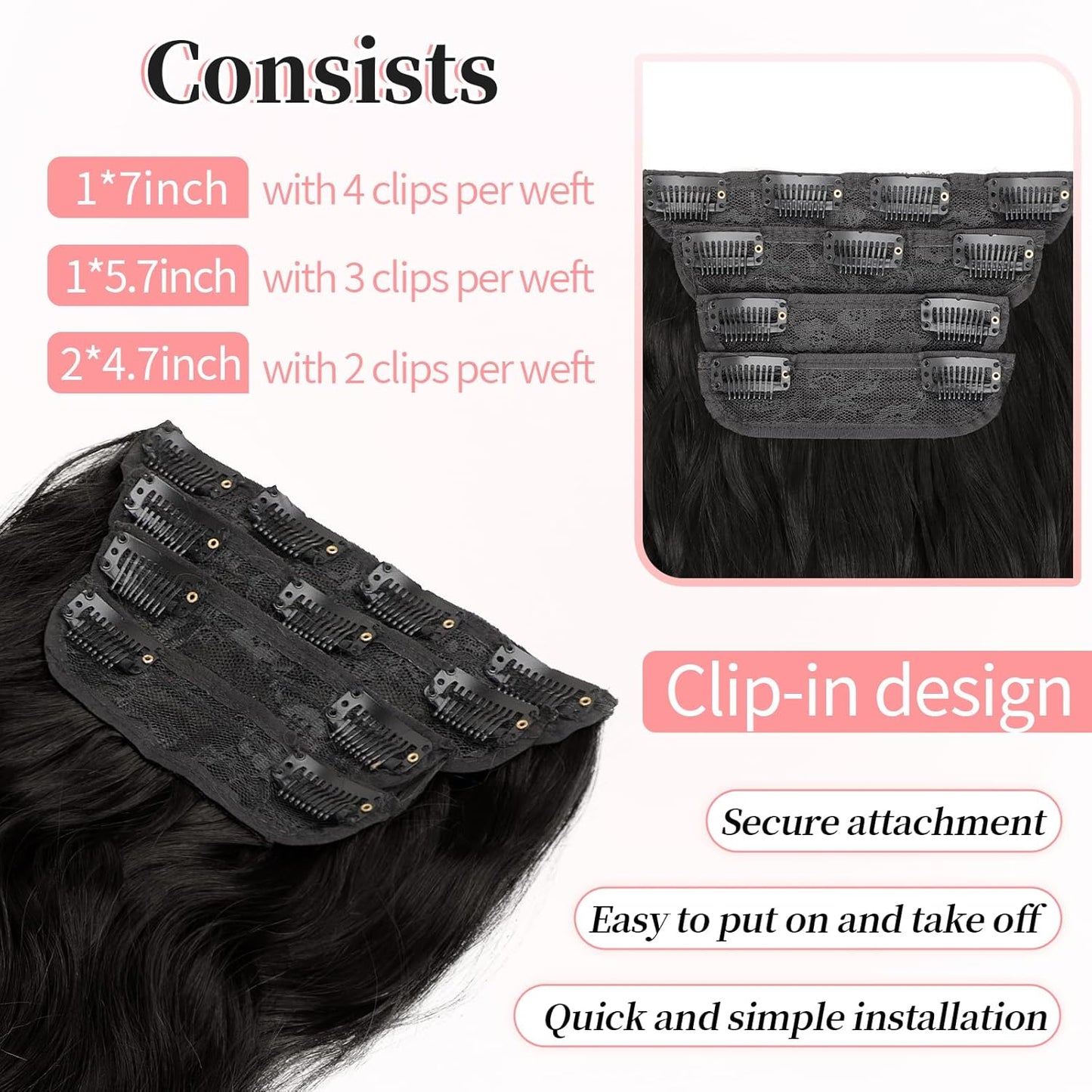 KooKaStyle Clip in Synthetic Hair Extensions Long Wavy 4PCS Thick Hairpieces Brunette Brown Fiber Double Weft Natural Hair Extensions 20 Inch for Women