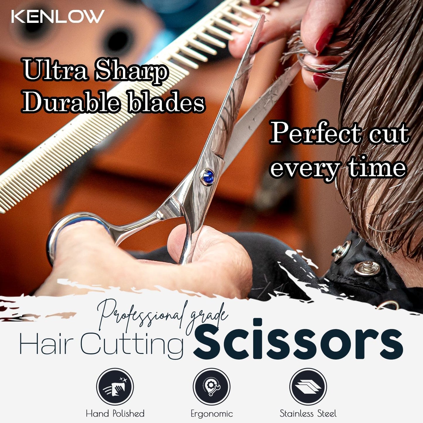 Hair Cutting Scissors, KENLOW Professional Hair Scissors With Comfortable Removable Finger Grips. Perfect As Hair Shears For Hair Cutting Or Barber Scissors. Haircut Scissors For Salon Or Home Use.