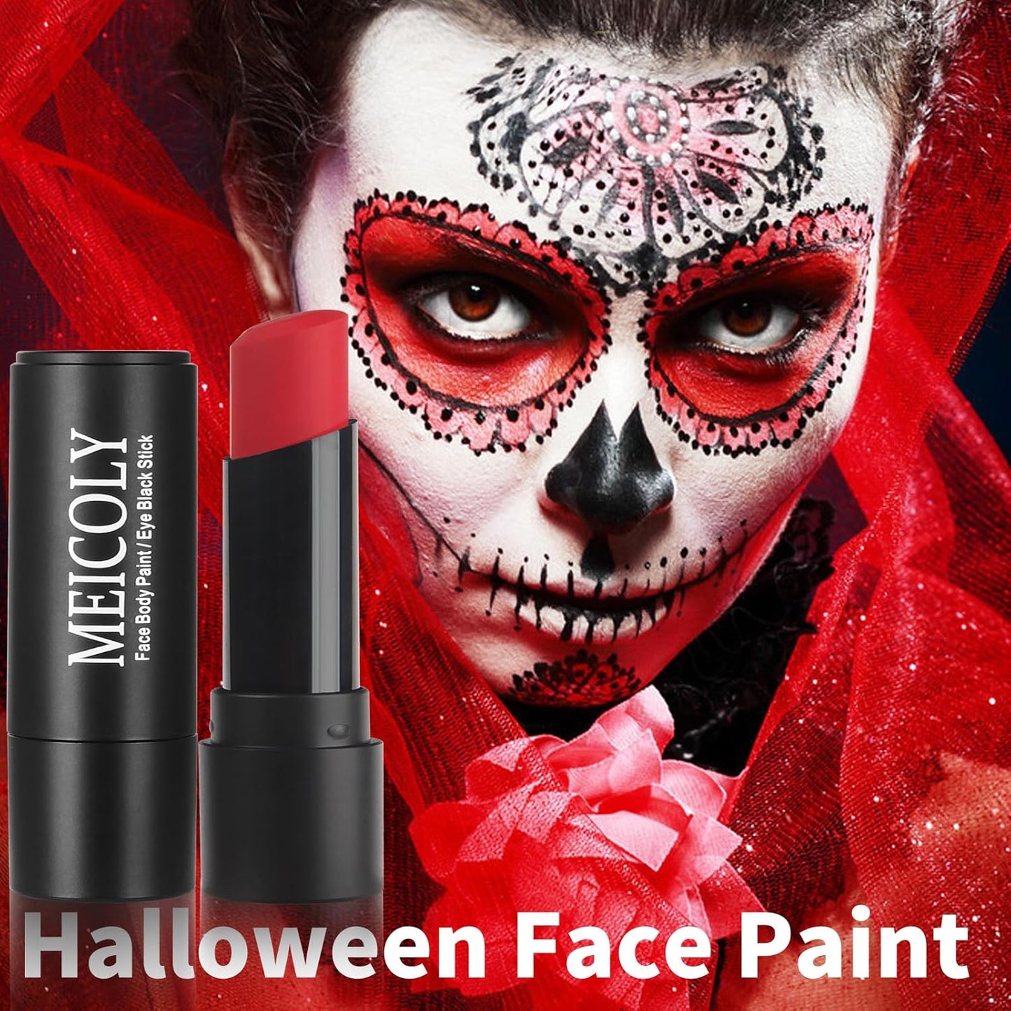 MEICOLY Red Face Body Paint Stick for Halloween SFX Cosplay Corpse Devil Clown Makeup,Red Face Paint for Adults and Kids,Waterproof Eye Black Stick for Baseball Softball Football Lacrosse