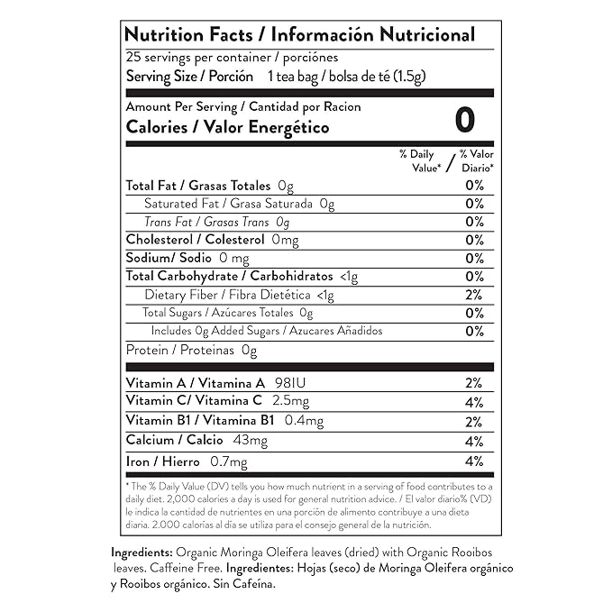 Miracle Tree - Organic Moringa Superfood Tea, 25 Individually Sealed Tea Bags, Rooibos (Keto, Detox, Energy & Immunity Booster, Vegan, Gluten-Free, Organic, Non-GMO, Caffeine-Free)