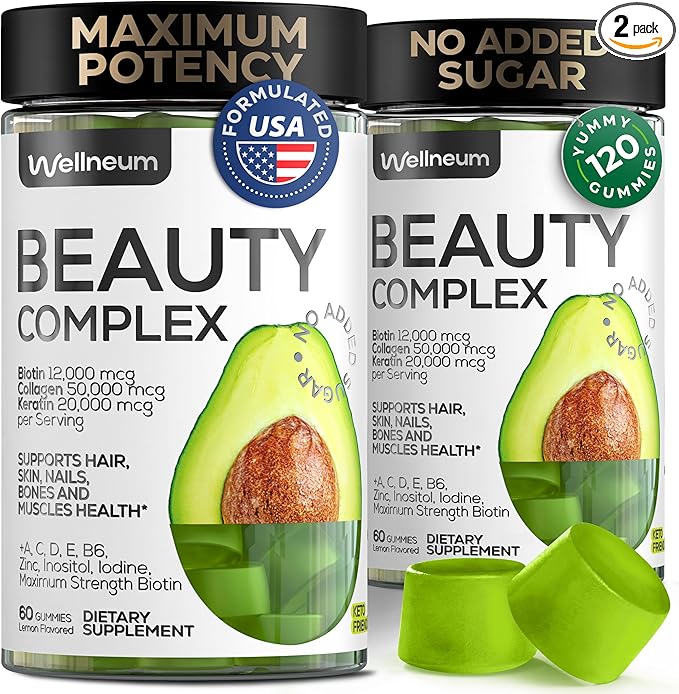 Biotin and Collagen Peptide Gummies for Hair Growth, Skin and Nails 12000 Mcg - Biotin Chewables with Keratin Max Strength - Beauty Gummies for Women and Men - Sugar Free, Non-GMO Gummy Supplement