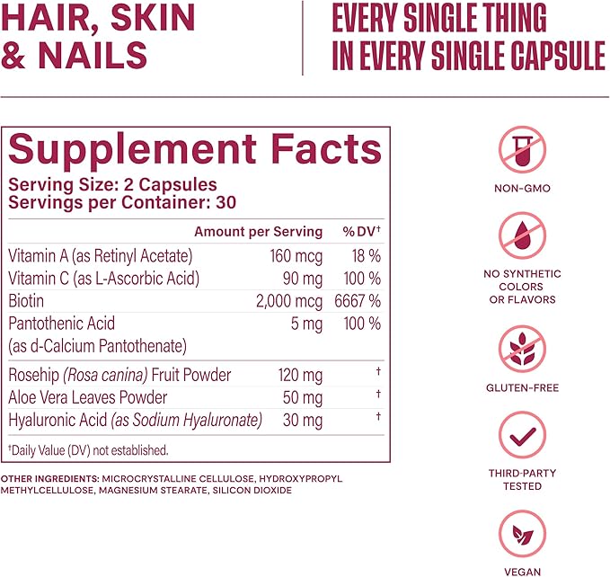 Habit Hair, Skin & Nails Supplement (60 Capsules) - New Look, Supports Skin Hydration, Hair & Nail Strength, Biotin 2000mcg, Vitamin A & C, Hyaluronic Acid, Rosehip, Vegan, Non-GMO (1 Pack)