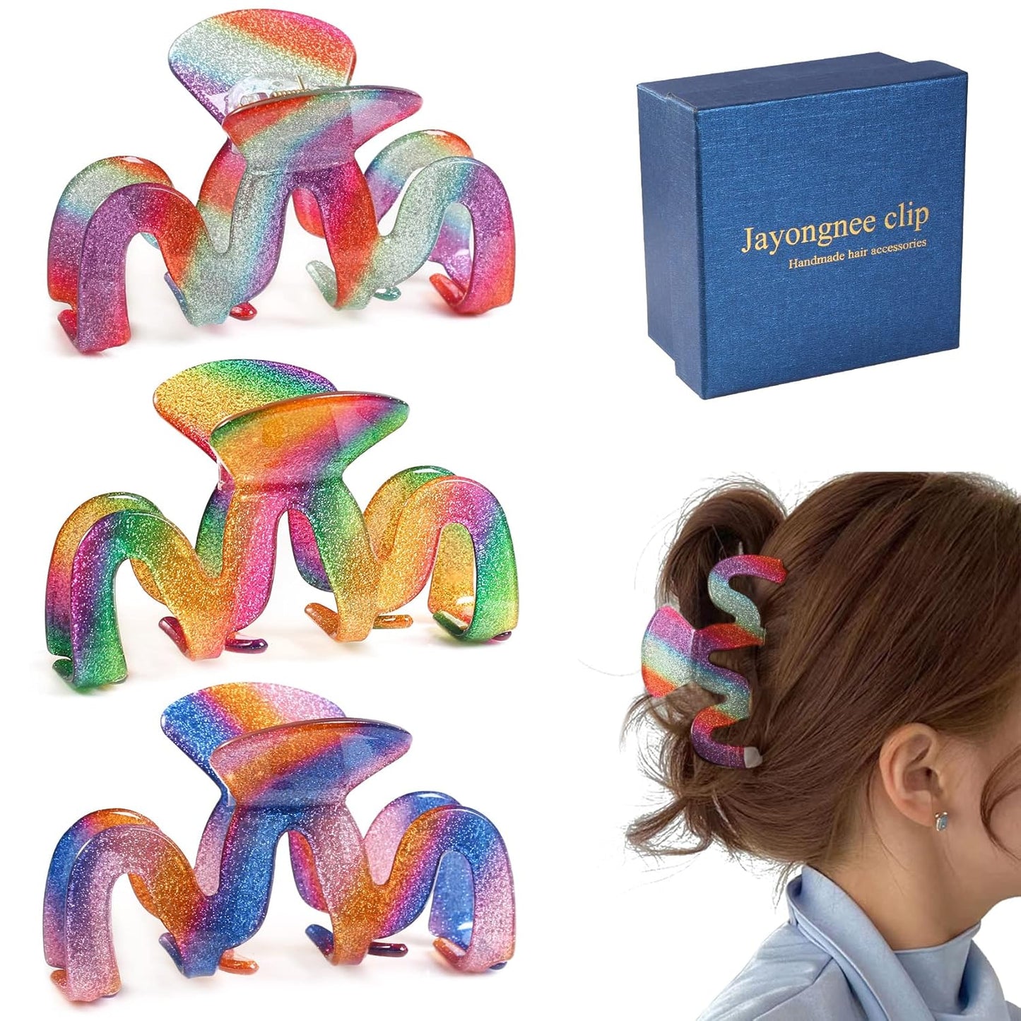 Jayongnee 3Pcs Hair Claw Clips for Women: Nonslip Clips for Thick and Thin Hair (Multi-colored8)