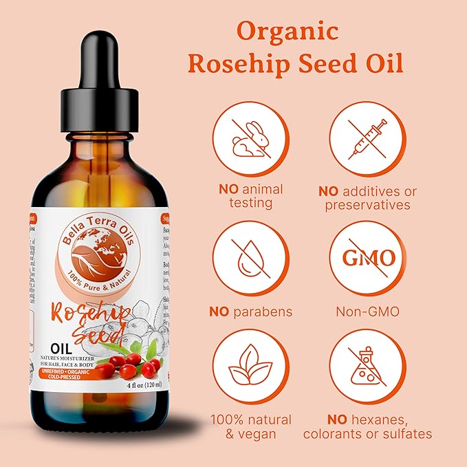 Bella Terra Oils Organic Rosehip Oil for Face, Pure Cold-Pressed Rose Hip Seed Oil for Skin & Hair, Natural Moisturizer & Anti-Aging Facial Oil