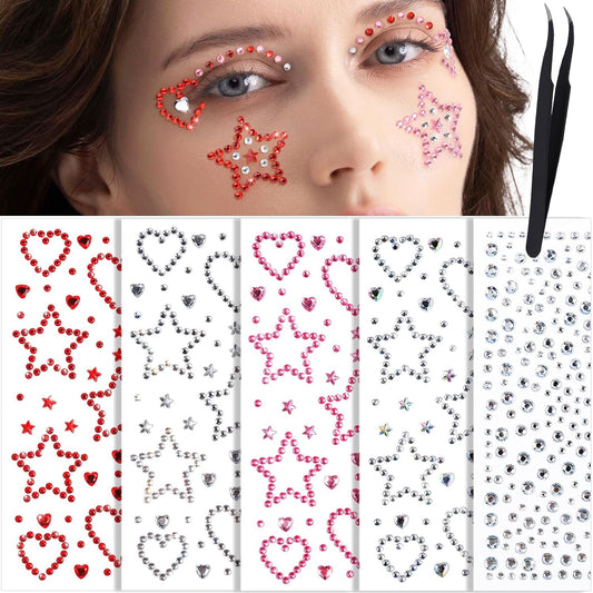 YGDZ Face Gems, Face Rhinestones Star Heart Self Adhesive Hair Gems, Festival Jewels Stickers Stick on, Rave Accessories, Face Jewels for Kids, Women