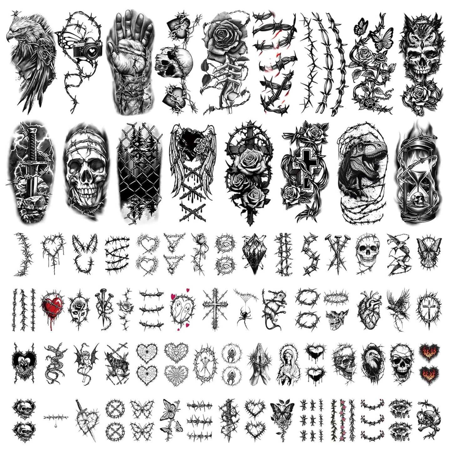 Barbed Wire Temporary Tattoos, 77 Sheets Horrible Realistic Fake Tattoo Designs for Adults, Waterproof Half Arm Small Tattoos for Men and Women