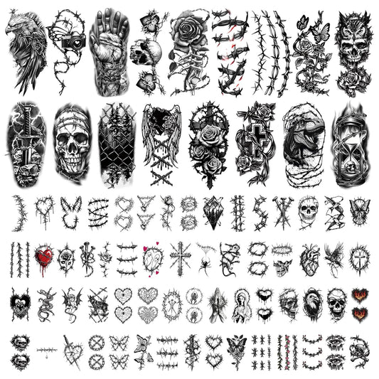 Barbed Wire Temporary Tattoos, 77 Sheets Horrible Realistic Fake Tattoo Designs for Adults, Waterproof Half Arm Small Tattoos for Men and Women