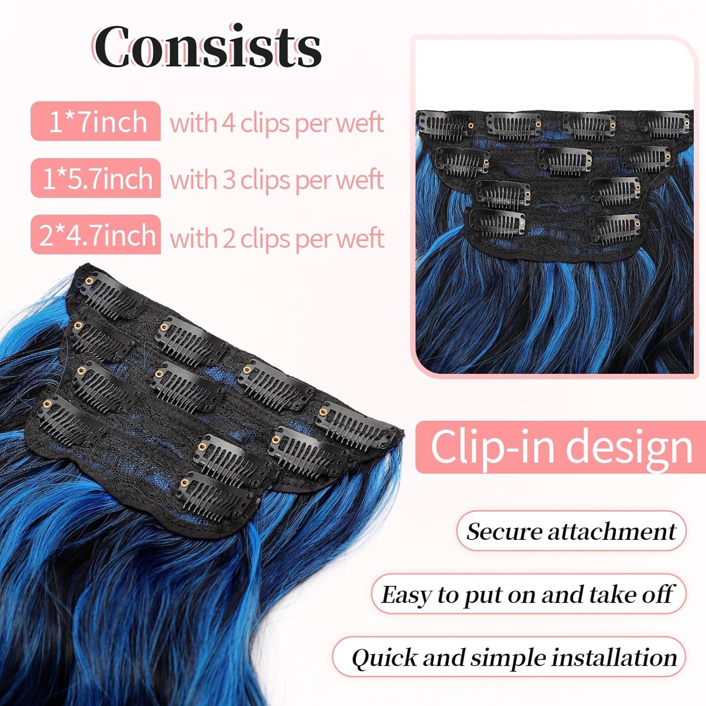 KooKaStyle Clip in Long Wavy Synthetic Hair Extension 24 Inch Blue - Black Streak 4PCS Thick Hairpieces Fiber Double Weft Hair for Women