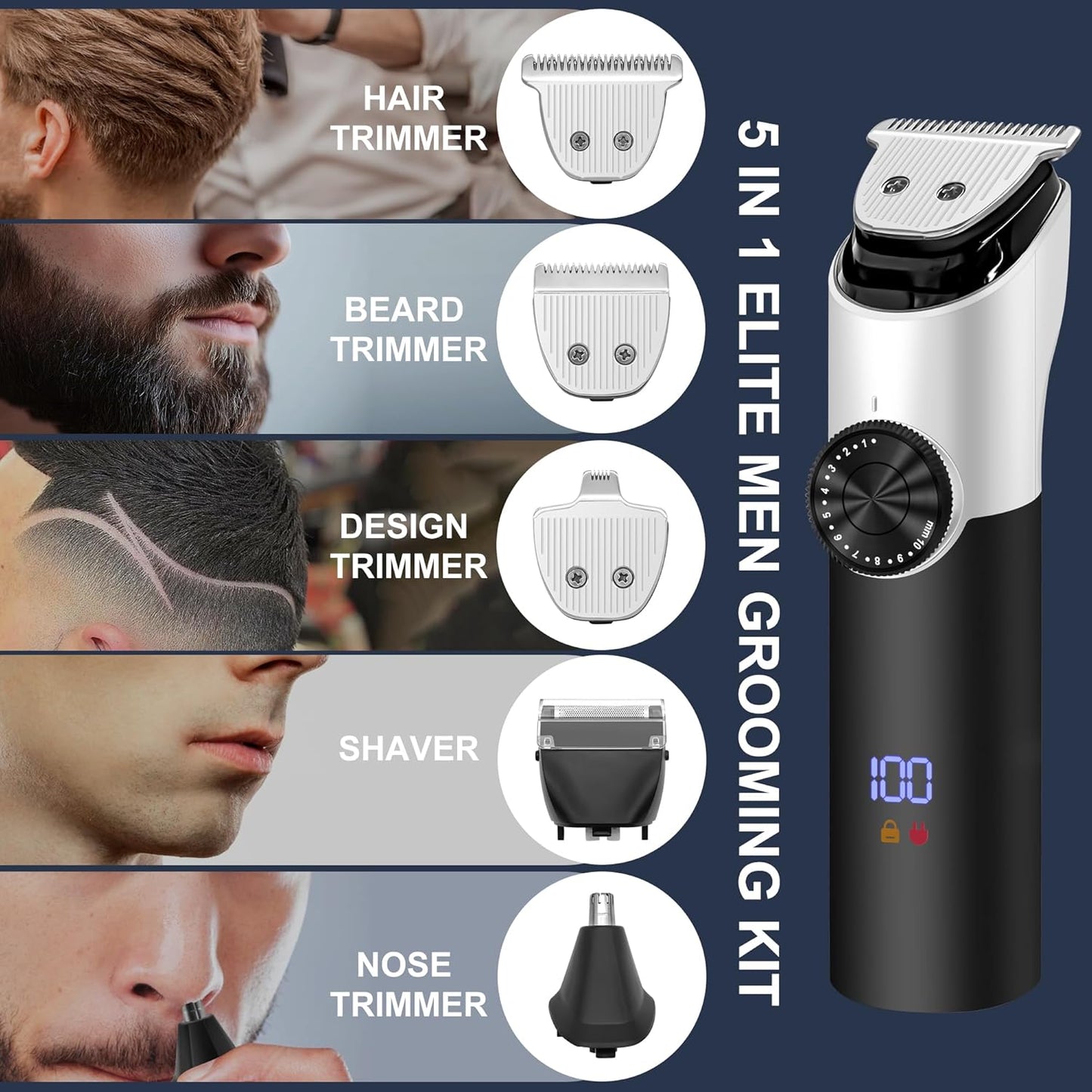 5 in 1 Hair Clippers, Adjustable Beard Trimmer for Men Professional, Cordless Barber Clippers and Trimmers Set, Hair Cutting Kit with LCD Display, Shaving Kit for Nose, Body, Face and Mustache