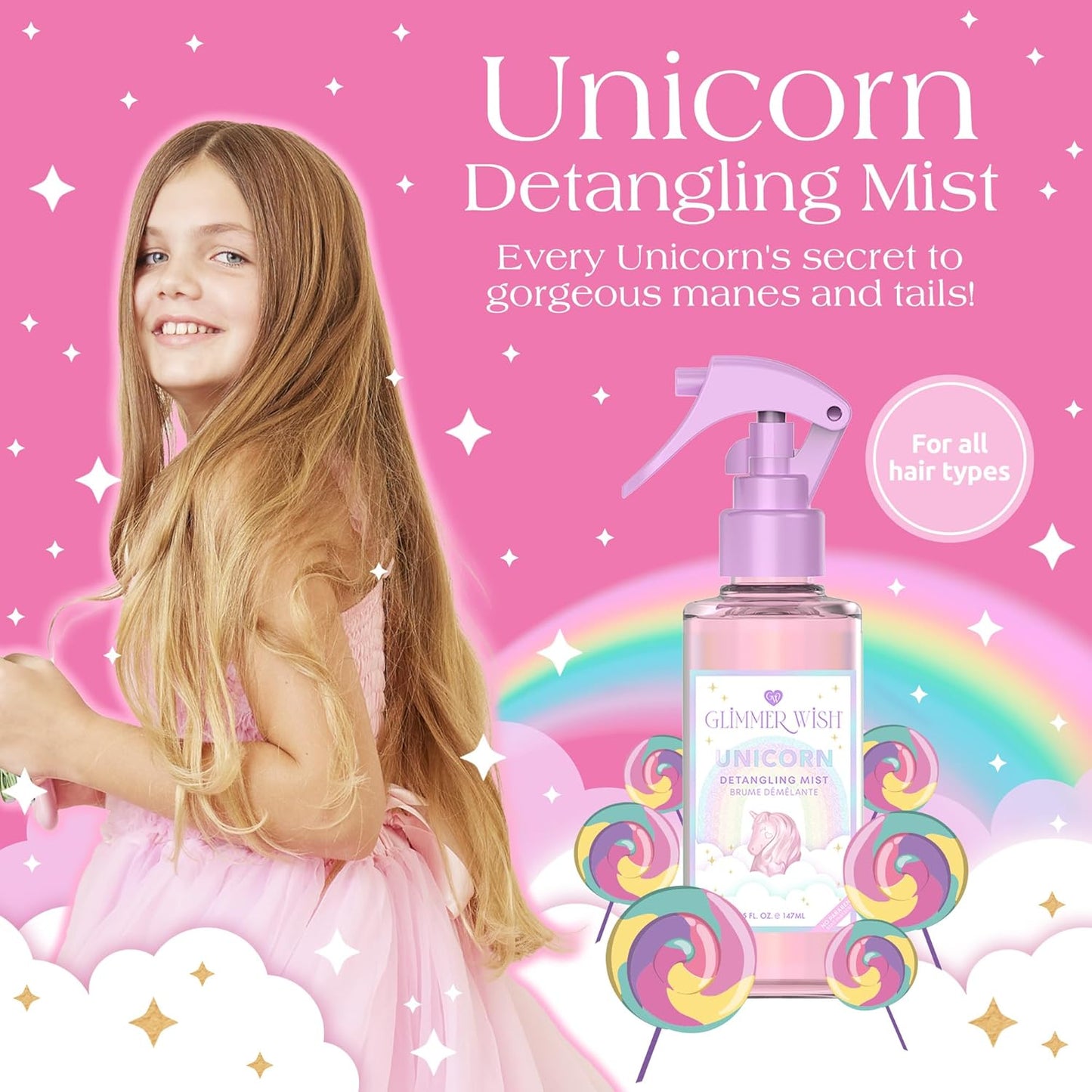 Glimmer Wish Unicorn Hair Detangler Spray – Leave-In Conditioner for Kids & Women, Tangle-Free Detangling Mist, 5 fl oz