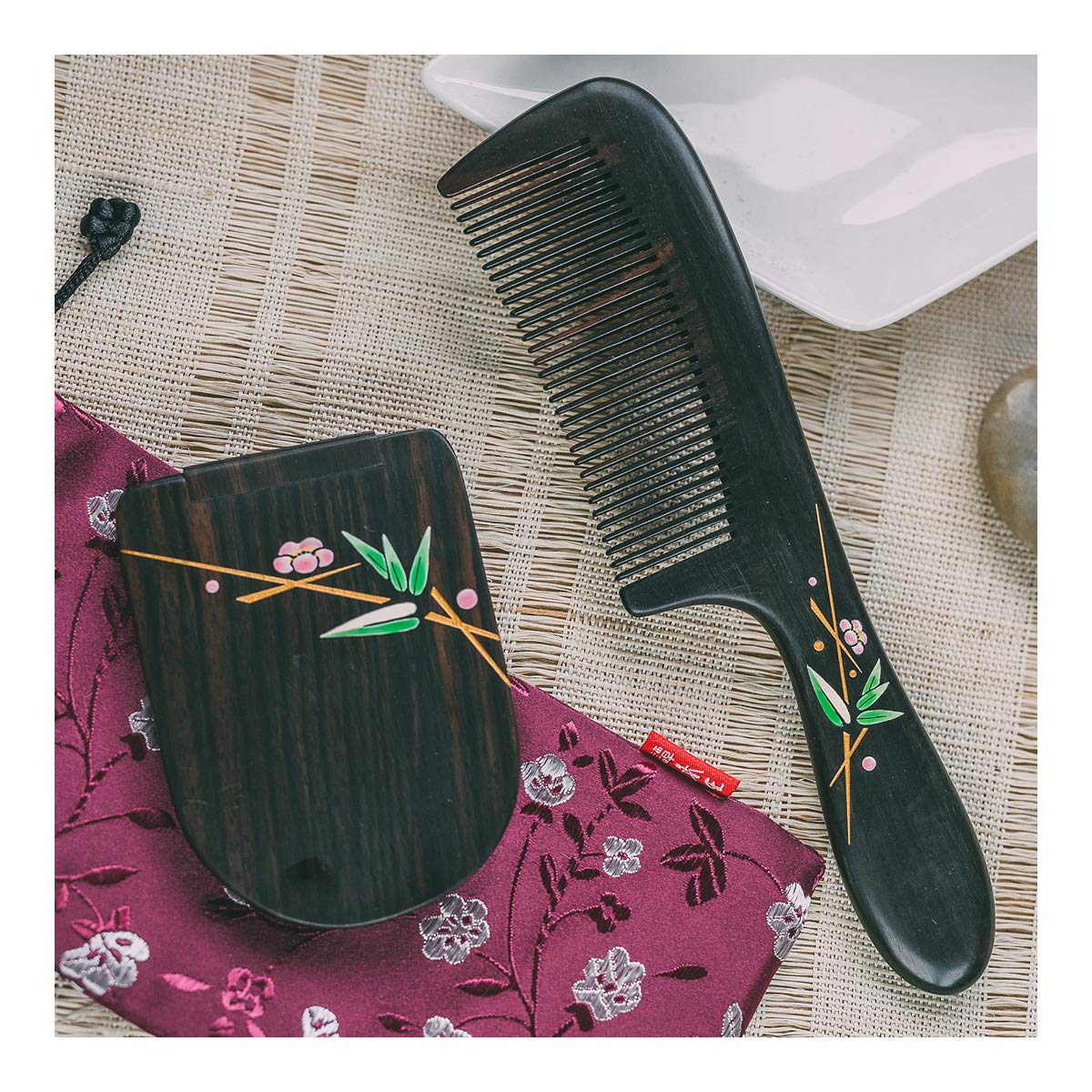 TAN MUJIANG Hair Comb + Dressing mirror Detangling Fine Tooth Wooden Hair Combs Black SandalWood Natural ood Comb for Women and Kids No Static