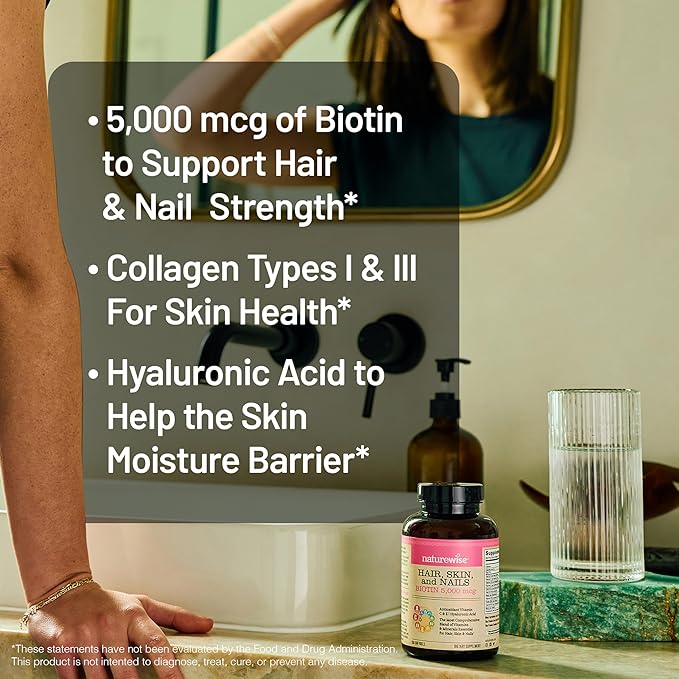 NatureWise Hair Skin and Nails Vitamin, Biotin 5000mcg w/Hyaluronic Acid, Collagen for Women with C, B Complex, D3, A, E, Iron - Non-GMO, Gluten Free - 150 Softgels[50-Day Supply]