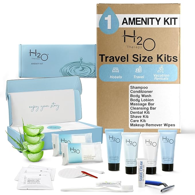 H2O Therapy Amenity & Accessory Kit | 0.85 oz Travel Size Shampoo, Conditioner, Lotion, Body Wash, Massage Bar, Cleansing Bar, Shave & Dental Sets, Make-Up Remover Wipes, & Vanity Kit | 1 set per case