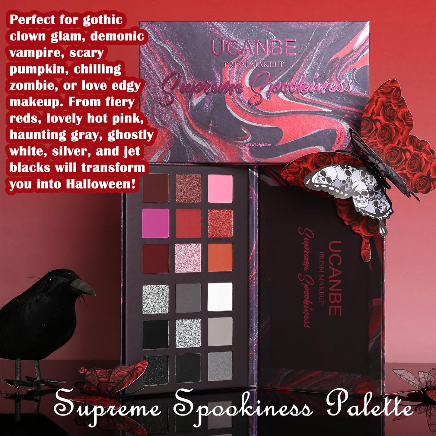 Black Red Goth Smokey Eyeshadow Palette Makeup-18 Colors Gray Silver Pink Burgundy Matte Shimmer Metallic Dark Eye Shadow Pallet for Christmas Halloween Clown Vampire Joker SFX Cosplay Costume Make Up