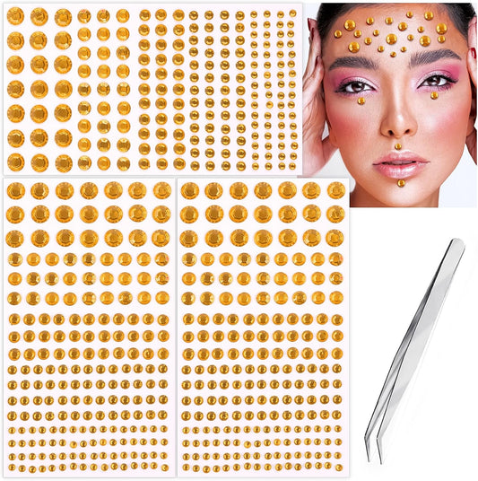 591pcs Face Gems Hair Gems Pearls, Self-Adhesive Face Jewels Eye Rhinestones 3/4/5/6/8 mm Face Gem Stick on, Halloween Makeup Gems Rave Accessories for Face Eyes Body Makeup (12.Gold)