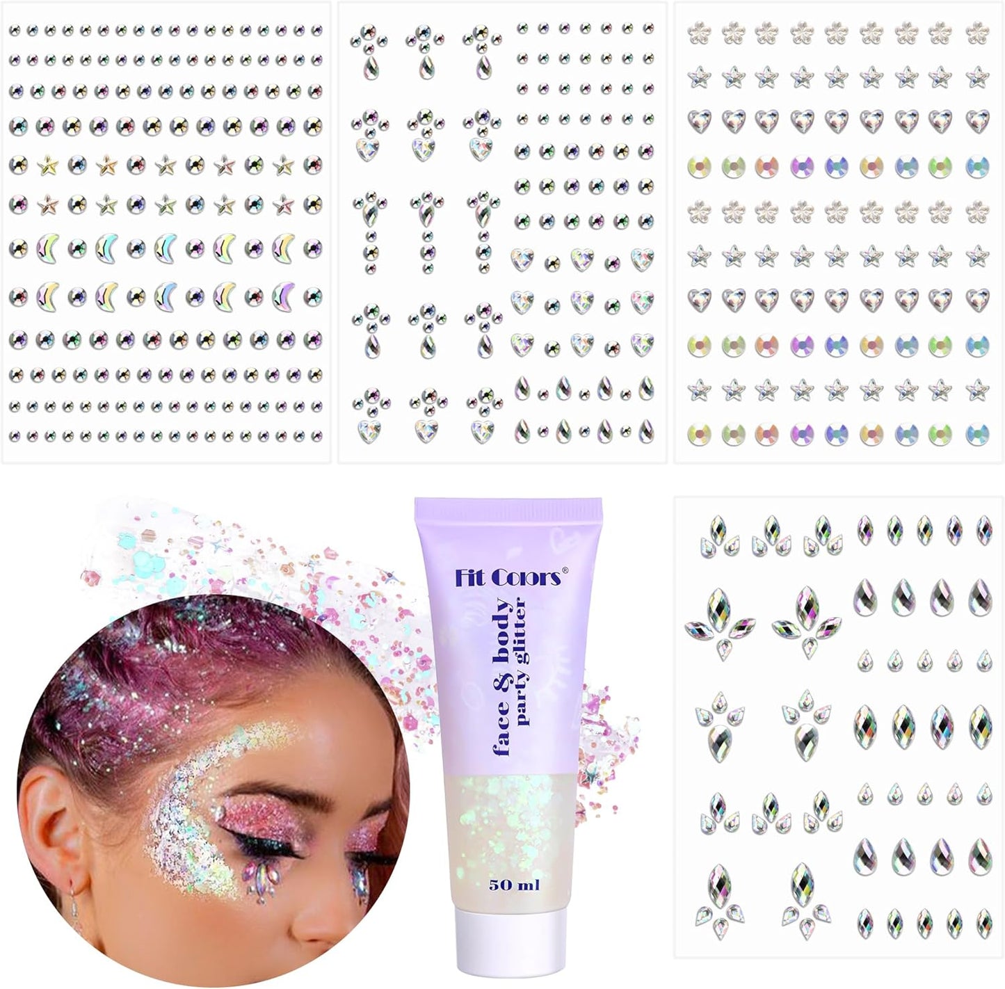 Body Glitter and Face Gems, Face Glitter and Hair Gems, Rhinestone Stickers for Makeup, Mardi Gras, Festival, Rave Accessories, Kids, Women, White