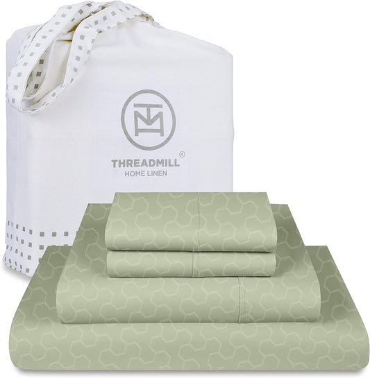 Threadmill 500 Thread Count Queen Size 4 Pc Luxury Cotton Bedding Set, Jacquard Floria Sage Green, Silky Smooth Sheets with 16" Elasticized Deep Pocket, 2 Pillowcases & Free Tote Bag