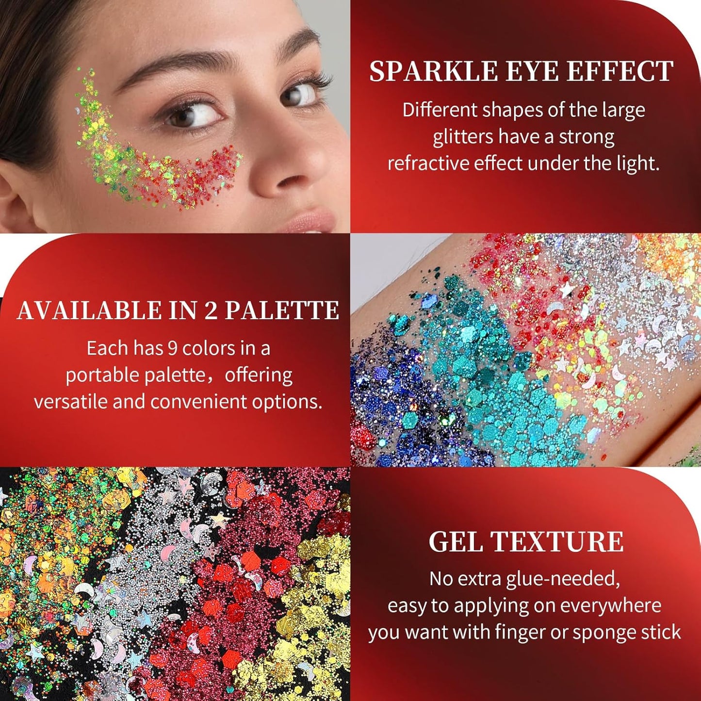 FANDAMEI Star&Moon Face Glitter, Body Glitter Hair Glitter for Glitter Makeup, 2 PCS Glitter Gel 18 Grids for Body&Hair for Kids Women, Halloween Rave Party Face Paint